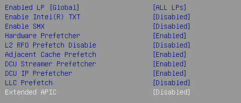 BIOS Processor Configuration screen showing Extended APIC set to Disabled