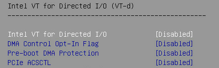 BIOS IIO Configuration screen showing Intel VT for Directed I/O permanently set to Disabled