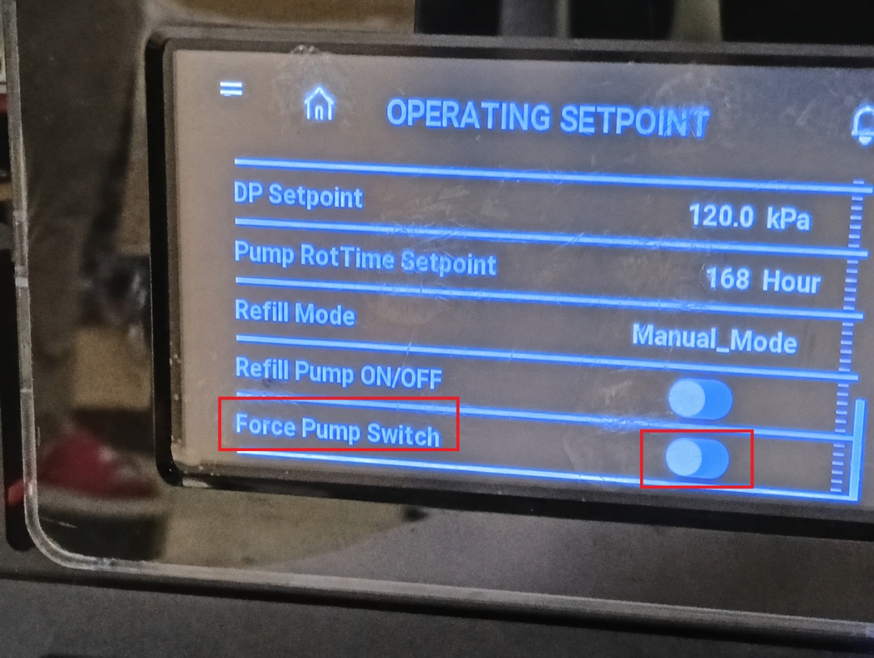 Force Pump Switch control on the CDU operating setpoint screen
