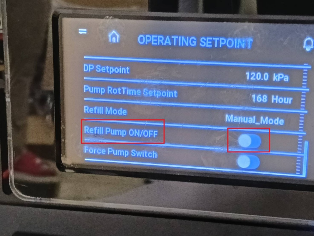 Refill Pump ON/OFF switch on the CDU operating setpoint screen